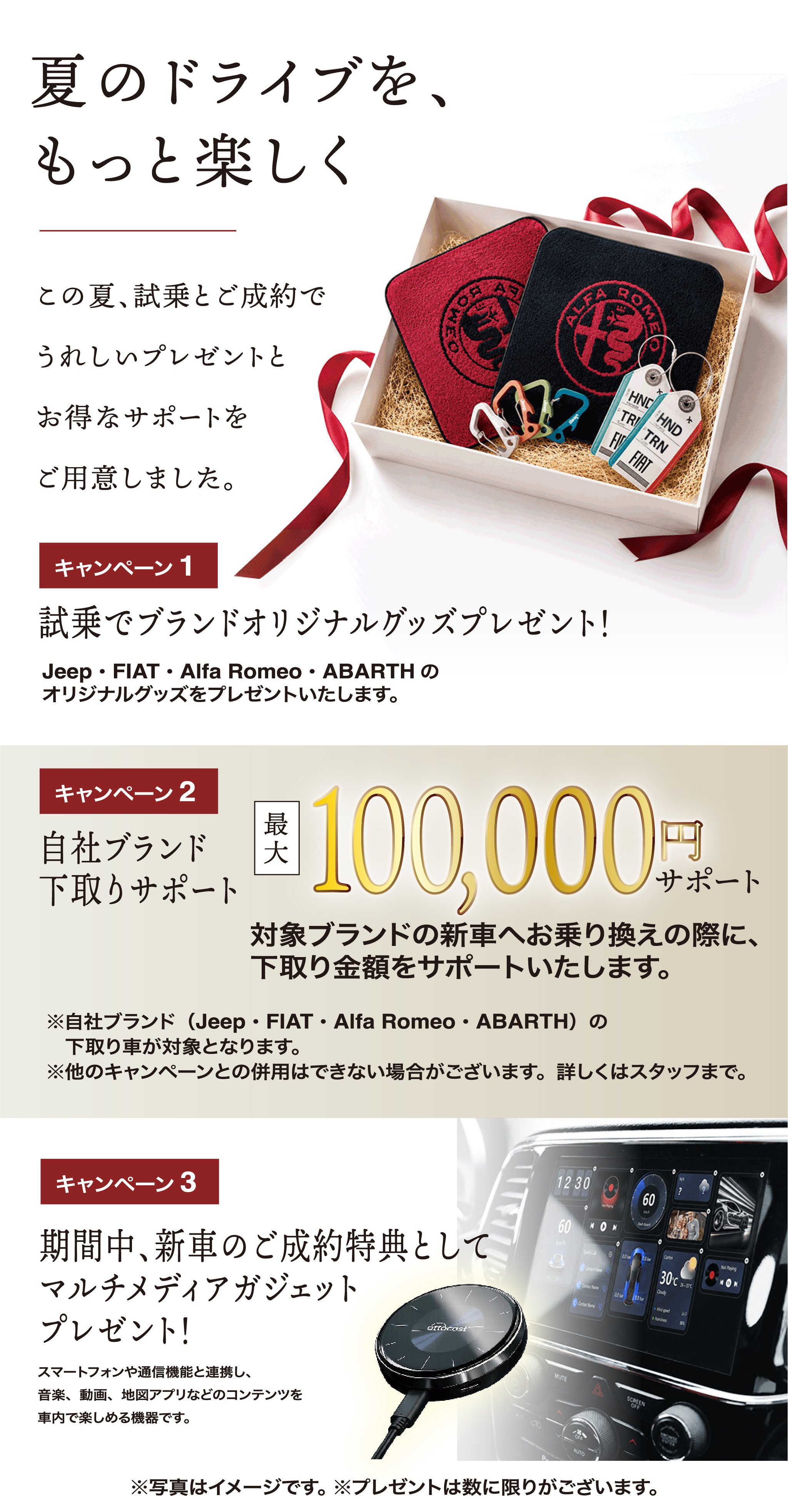 この夏、試乗とご成約でうれしいプレゼントとお得なサポートをご用意しました。